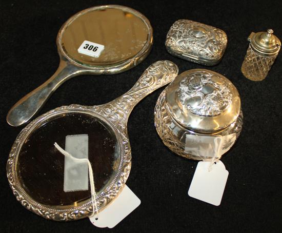 Two silver-mounted hand mirrors & 2 similar bottles